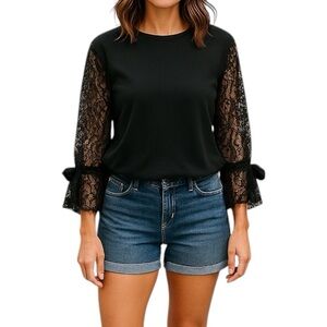Molly Bracken Women Black Sheer Lace Sleeves Ruffle Detail XS/S